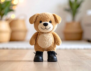 Teddy bear in boots on wooden floor