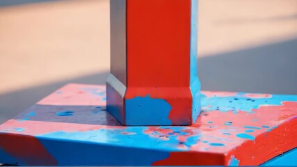 A detailed view of a colorful post with red and blue designs, suitable for a variety of uses including graphic design, art, or advertising