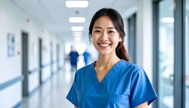 Smiling woman in scrubs stands in hospital hallway
