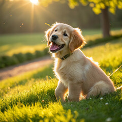 "Golden Retriever Puppy Sitting in Sunlit Park with Happy Expression"


