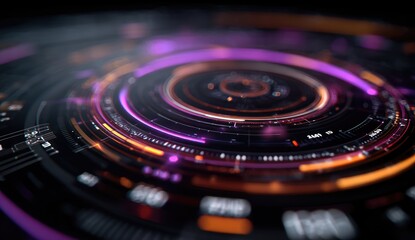 Abstract circular interface with concentric rings, vibrant colors, and digital elements