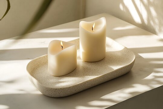 A modern arc-shaped candle in ivory wax placed on a terrazzo tray with warm filtered sunlight - Powered by Adobe