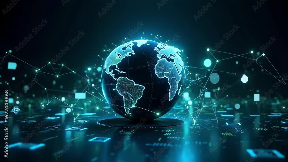Poster dynamic digital globe with glowing connections represents global network and data flow