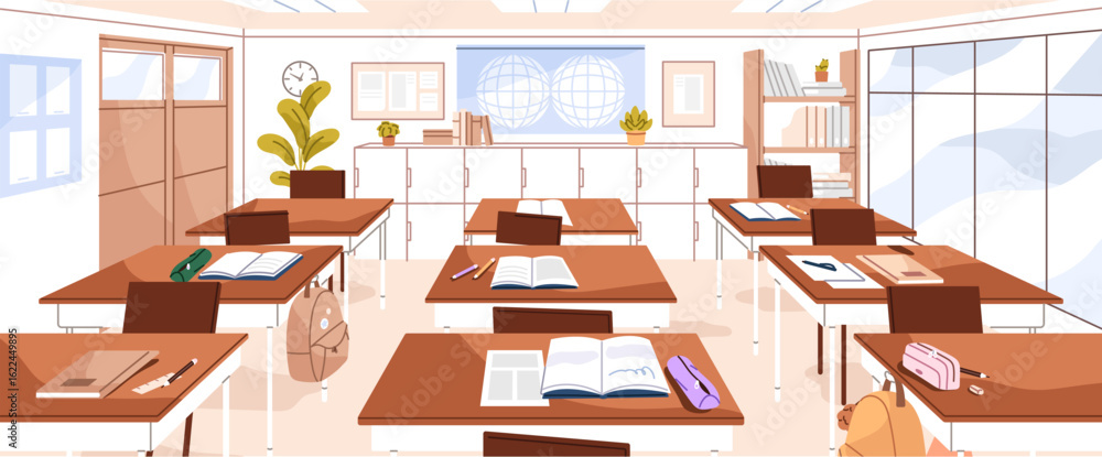 Poster empty classroom front view. scene of blank class room with desks. school interior with tables for pu