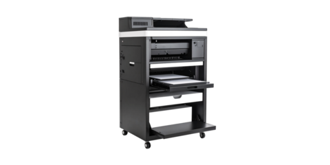 Black and white image of rack-mounted computer servers, representing essential technology and network hardware for data storage in a modern office