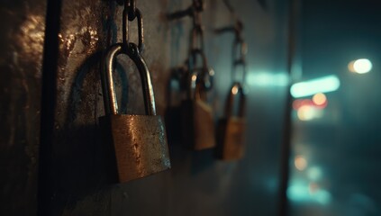 Two vintage padlocks on a metal door, hanging from chains. Blurred nighttime urban background