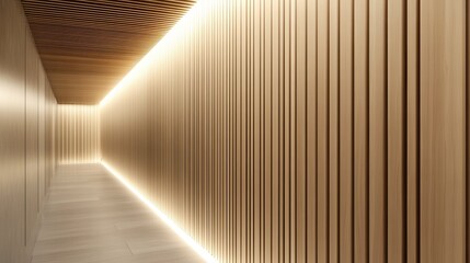 Obraz premium Modern wooden hallway with warm lighting.