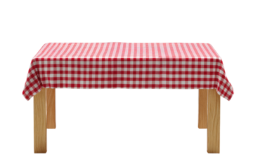 Red and white checkered tablecloth on a simple wooden table