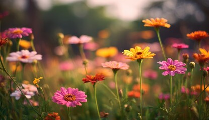 Fototapeta premium Vibrant flowers in a field at sunrise