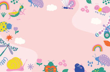 Love Bug Illustration Frame for Kids and Invitations. Cute and vibrant bug-themed layout with plenty of copy space. Suited for greeting cards, classroom materials, or invitation templates.