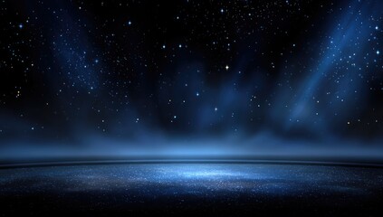 Dark, starry night sky backdrop with a glowing, flat, blue surface below