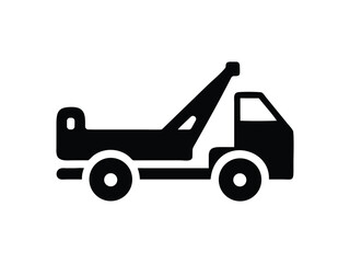 Naklejka premium Simple black silhouette icon of a tow truck with a raised boom on a white background