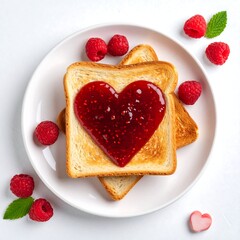 Toasted bread with heart-shaped raspberry jam, surrounded by fresh raspberries and mint