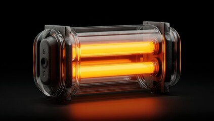 Glowing, rectangular, glass container with orange tubes