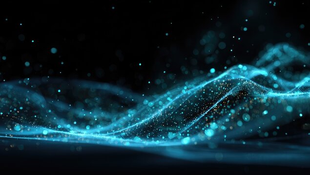 Abstract digital waves of glowing turquoise particles