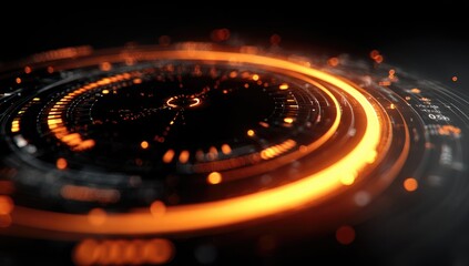Abstract circular interface, glowing orange rings, dark background