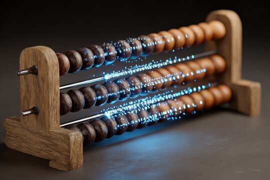Abacus calculating with light, education, against dark backdrop. Data visualization - Powered by Adobe