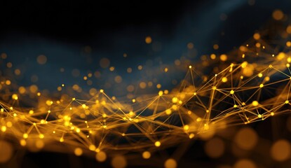 Abstract network of interconnected golden particles on a dark background