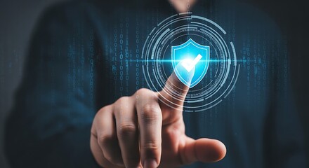 Man touching a digital shield for cybersecurity protection