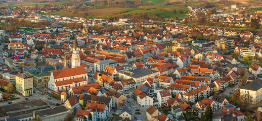 Pfaffenhofen Ilm as a beautiful city with a view from a drone angle during late evening sunset...