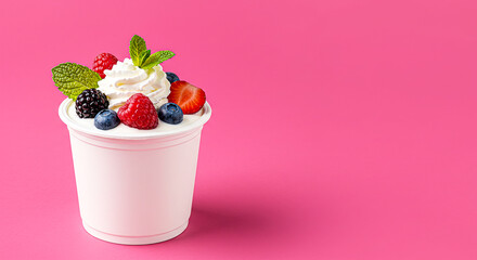 Delicious berry topped whipped cream dessert in a white cup