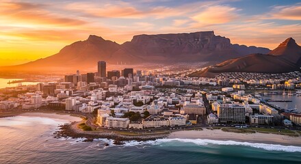 Breathtaking aerial view of cape town s cityscape and coastline bathed in the warm glow of a golden sunset