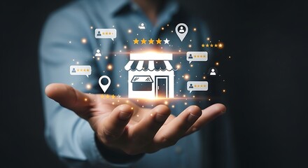 Business growth concept with store and customer feedback icons