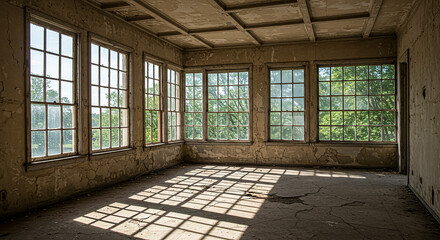 Sunlit abandoned room with large paned windows