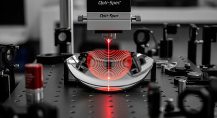 Laser interferometer system producing interference fringes over a concave mirror for surface contour evaluation.