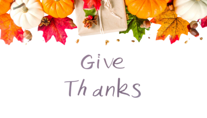 Handwritten 'Give Thanks' message with fall-themed decorations, isolated on transparent background.