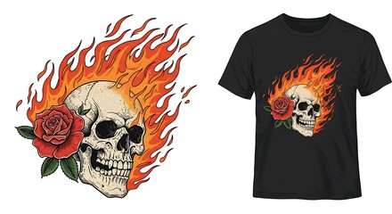 Fiery Skull & Rose: Vintage Tattoo T-Shirt Design