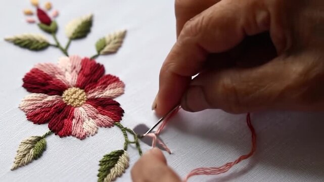 Embroidered Floral Design: Close-Up of Hand Stitching Delicate Pink and Burgundy Petals