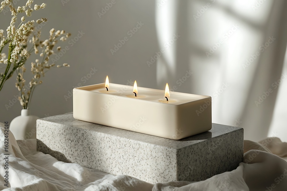 Poster a sleek rectangular candle with dual wicks, placed on a granite block with complementary color props
