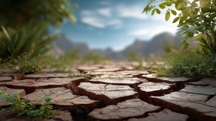 Cracked earth path with green plants on either side, leading towards distant mountains under a blue sky, conveying drought and resilience