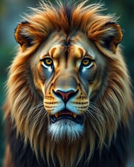 Fototapeta premium Macro Shot of Lion face Golden fur Mane, Blurred background Animal Portrait, Wildlife Photo, King Jungle Majestic Big cat Predator Mammal Wild Animals, Close-up Photography, Soft-focus detailed image