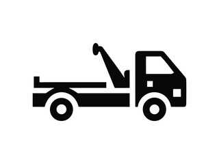 Simple black silhouette icon of a tow truck with a hook and flatbed for towing vehicles