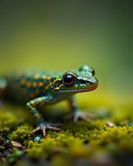 Fototapeta premium Macro Shot of a Salamander Head on natural habitat, Blurred background Animal Portrait, Wildlife Photo, slimy amphibian small Wild Animals, Close-up Photography, Soft-focus detailed image Cold blood