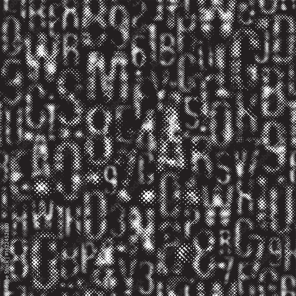 Poster vector seamless pattern with signs or font consisting of dots. on the theme of matrix printing, comp