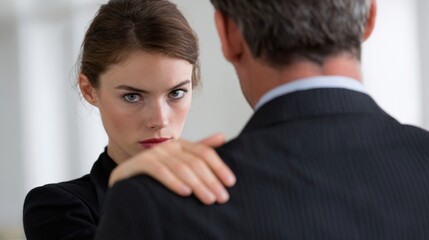 A woman expresses concern while touching the shoulder of a man, who appears conflicted. The atmosphere suggests a discussion about harassment or personal issues taking place in an office
