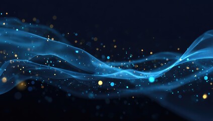 Obraz premium Abstract dark background with flowing blue lines and golden particles