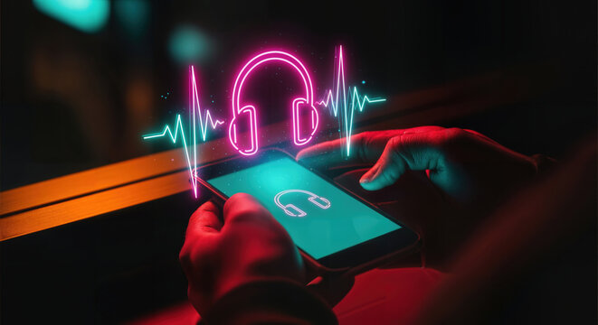 Smartphone User Streaming Music with Neon Sound Wave Icon Overlay