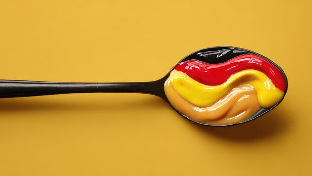 Colorful sauces swirl on a black spoon, resembling the German flag - Powered by Adobe