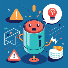Surprised robot with warning signs and lightbulb technology