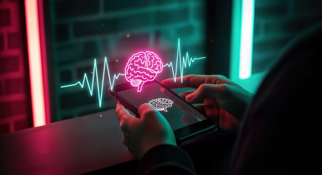Hands holding smartphone displaying glowing brain icon. Holographic pink brain and blue soundwave above screen.