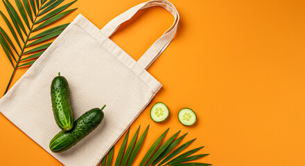 Natural canvas tote bag with fresh cucumbers and palm leaves