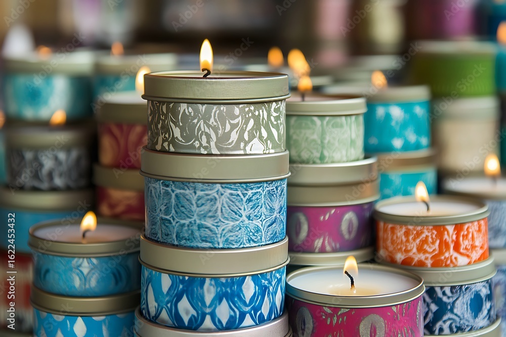 Poster a stack of decorative tealight candles in metal tins with abstract print designs displayed neatly in