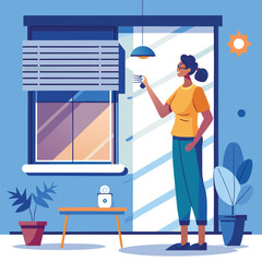 Woman speaking to smart blinds adjusting light voice command