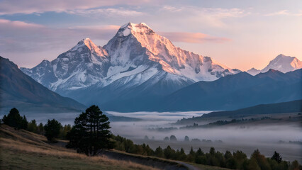 Majestic snow capped mountain peak illuminated by golden sunrise light with morning mist in valley