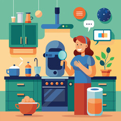 Woman interacting with smart kitchen device smart device technology