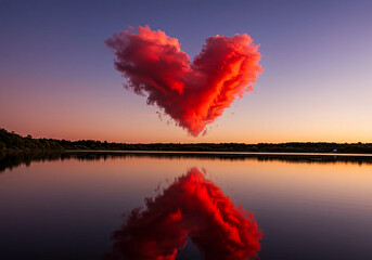 Heart shaped cloud reflecting in a serene lake at sunset
